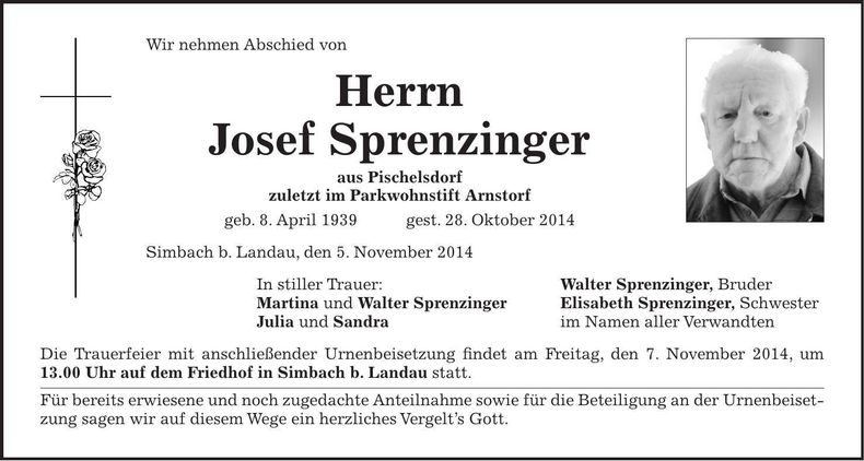 Traueranzeige Josef Sprenzinger