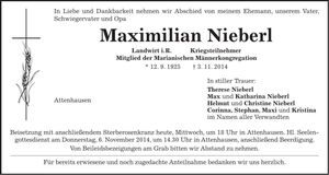 Traueranzeige Maximilian Nieberl
