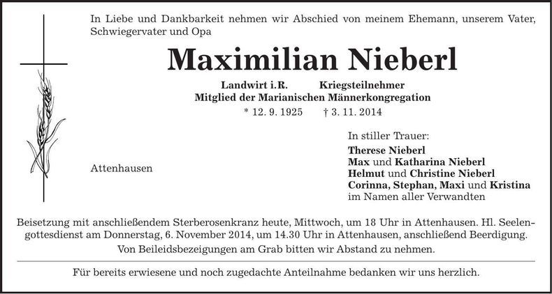 Traueranzeige Maximilian Nieberl