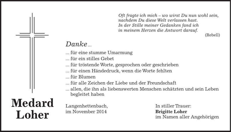 Traueranzeige Medard Loher