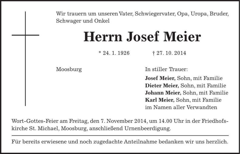 Traueranzeige Josef Meier