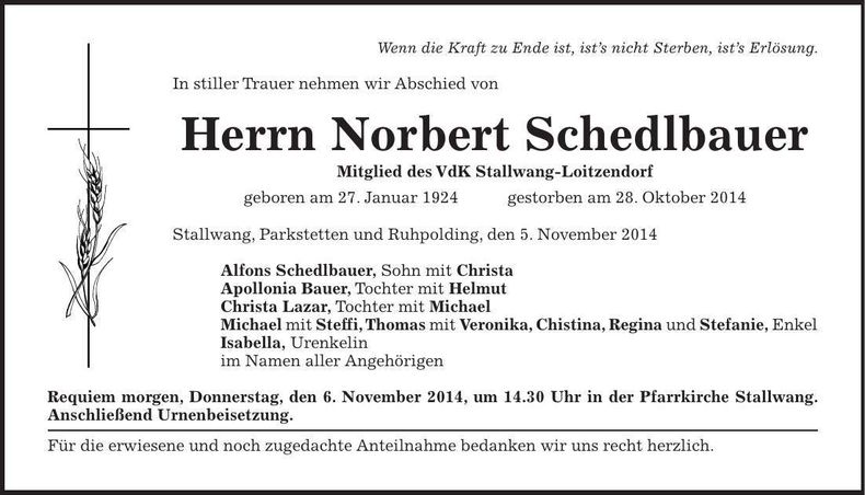 Traueranzeige Norbert Schedlbauer