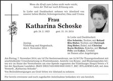 Traueranzeige Katharina Schoske