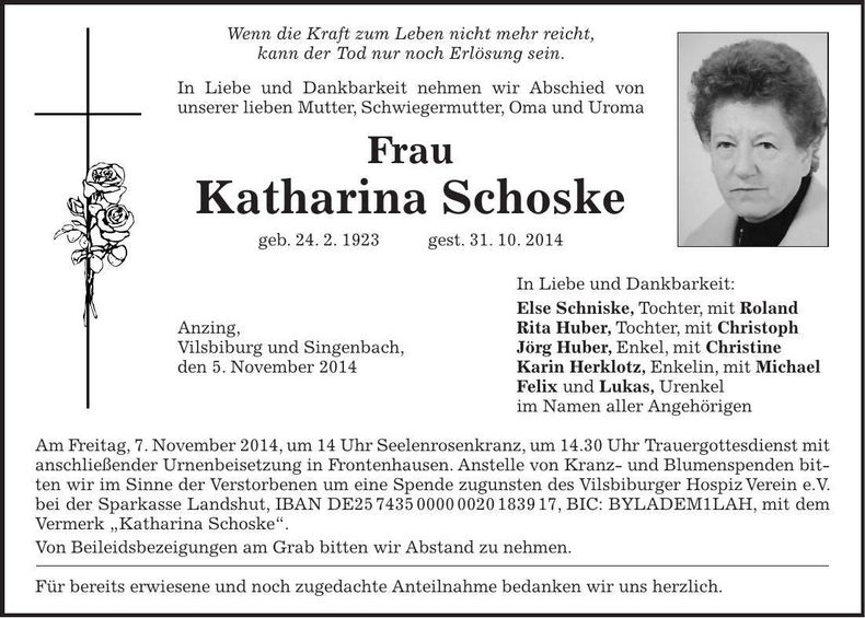 Traueranzeige Katharina Schoske