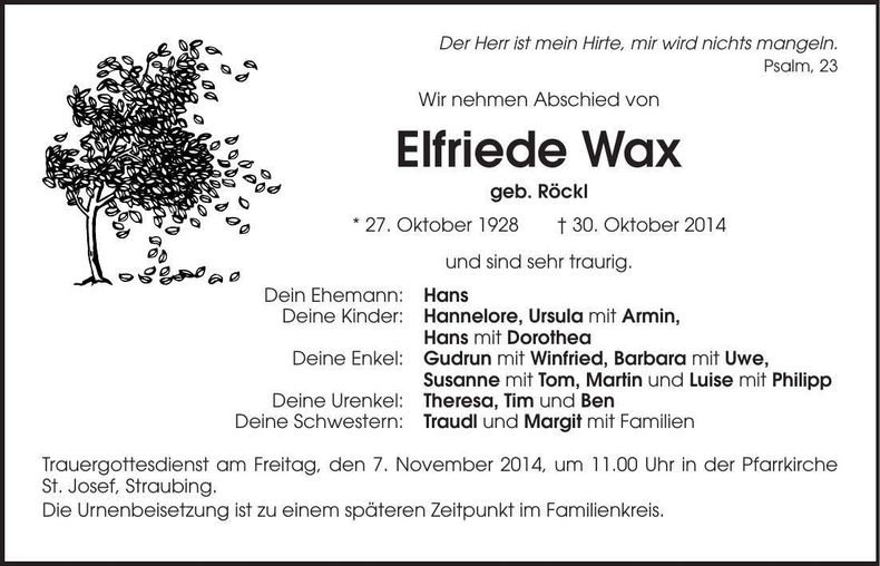Traueranzeige Elfriede Wachs
