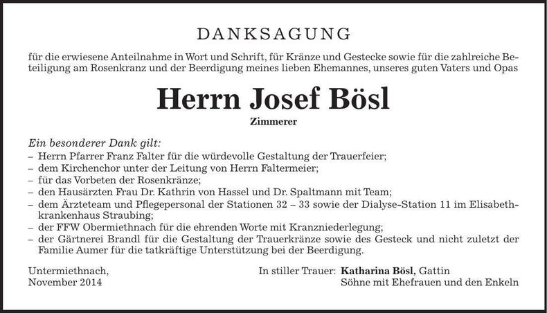 Traueranzeige Josef Bösl