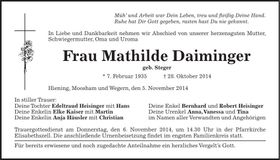 Traueranzeige Mathilde Daiminger