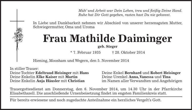 Traueranzeige Mathilde Daiminger