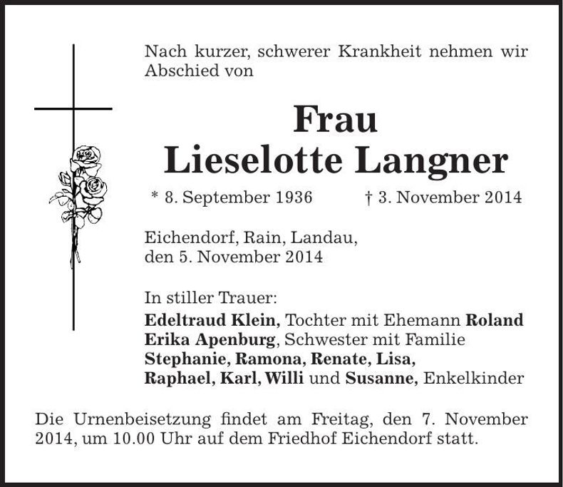 Traueranzeige Lieselotte Langner