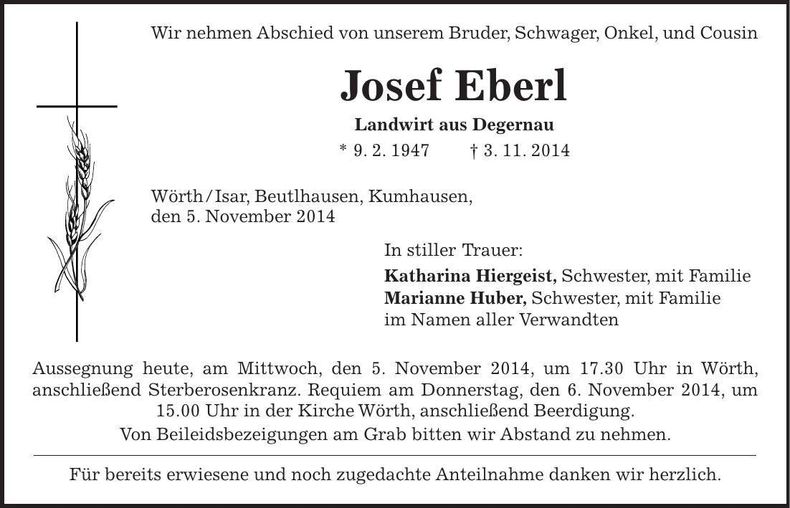 Traueranzeige Josef Eberl
