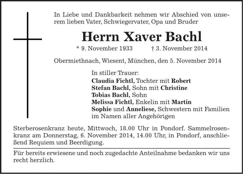 Traueranzeige Xaver Bachl