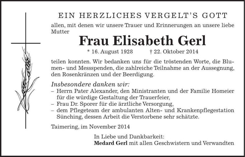Traueranzeige Elisabeth Gerl