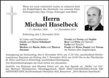 Traueranzeige Michael Haselbeck