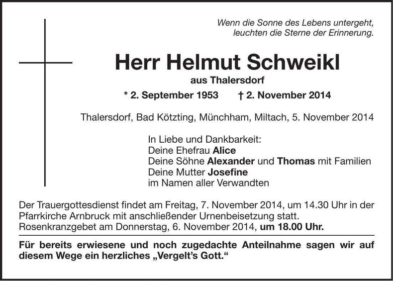 Traueranzeige Helmut Schweikl