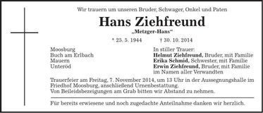Traueranzeige Hans Ziehfreund