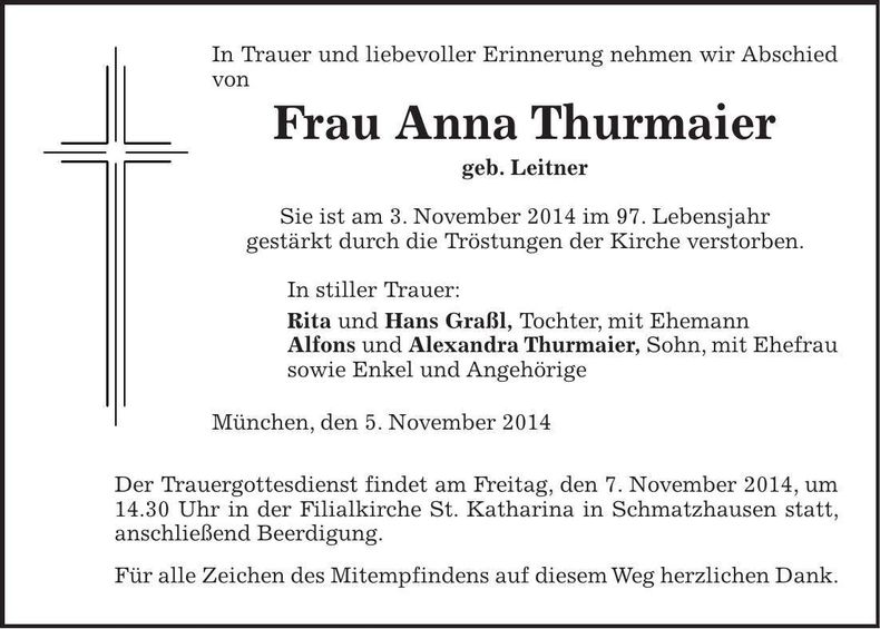 Traueranzeige Anna Thurmaier