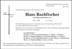 Traueranzeige Hans Bachfischer