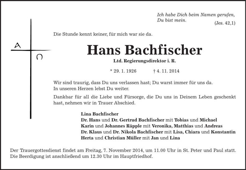 Traueranzeige Hans Bachfischer