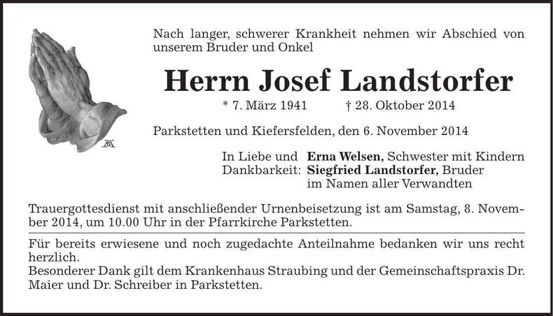 Traueranzeige Josef Landstorfer
