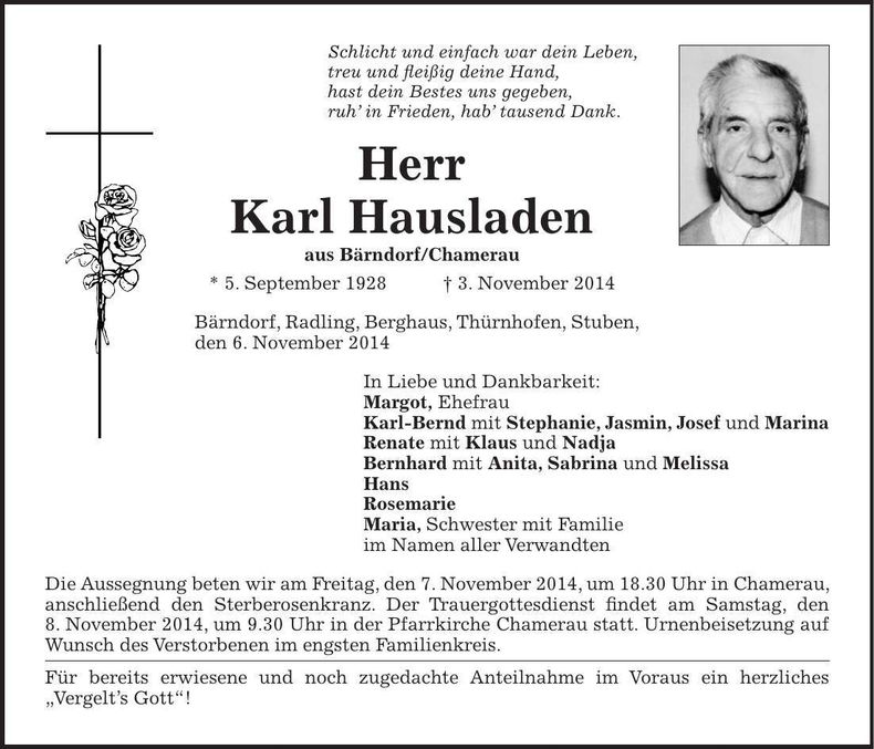 Traueranzeige Karl Hausladen
