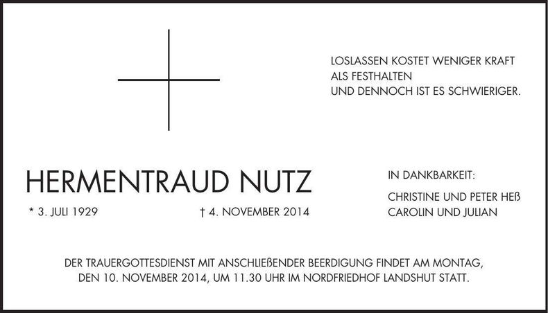Traueranzeige Hermentraud Nutz