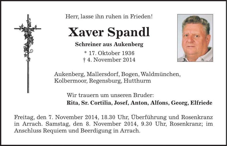 Traueranzeige Xaver Spandl
