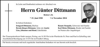 Traueranzeige Günter Dittmann