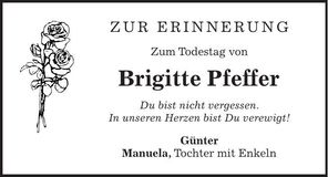 Traueranzeige Brigitte Pfeffer