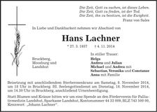Traueranzeige Hans Lachner