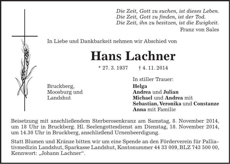 Traueranzeige Hans Lachner