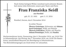 Traueranzeige Franziska Seidl