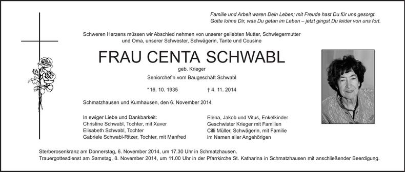 Traueranzeige Centa Schwabl