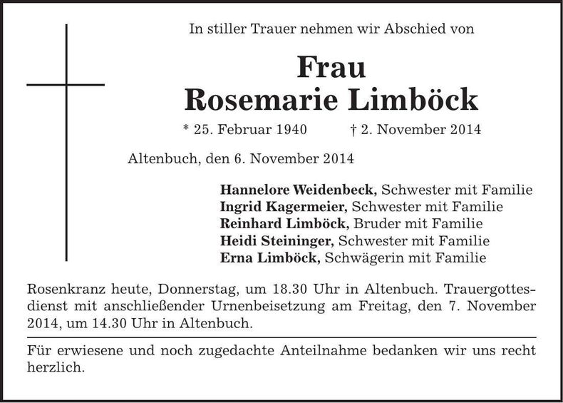 Traueranzeige Rosemarie Limböck