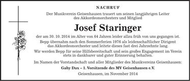 Traueranzeige Josef Staringer