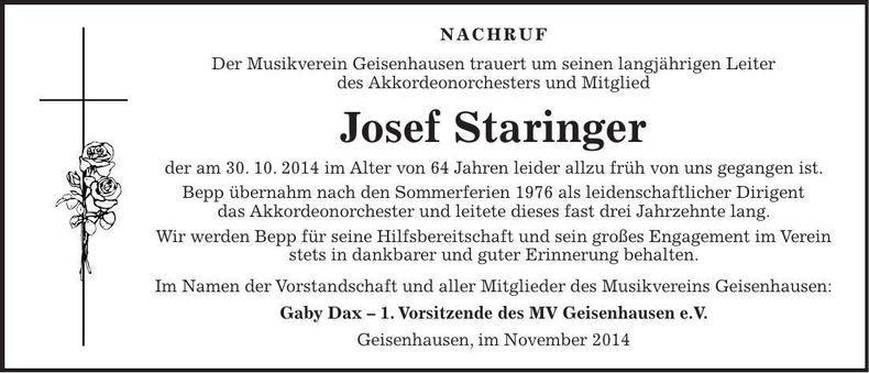Traueranzeige Josef Staringer