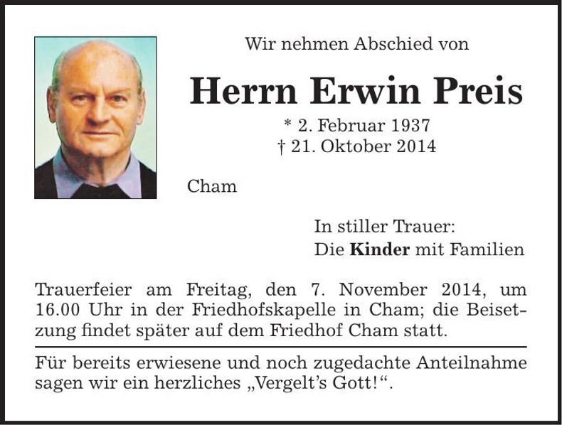 Traueranzeige Preis Erwin