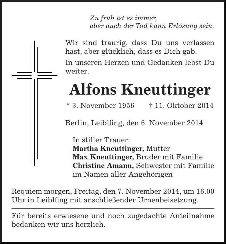 Traueranzeige Alfons Kneuttinger