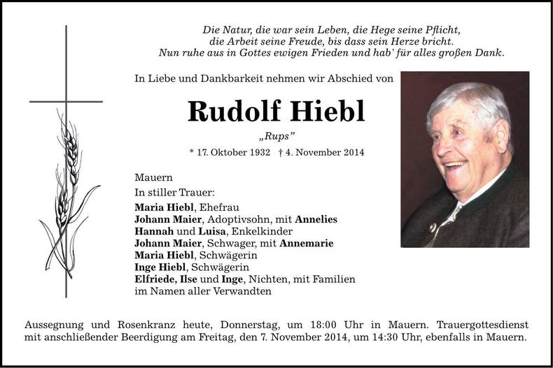 Traueranzeige Rudolf Hiebl