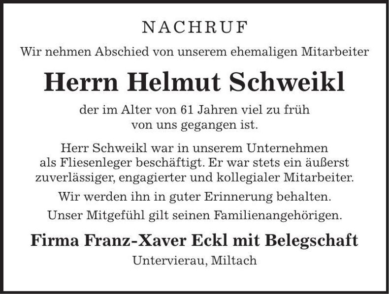 Traueranzeige Helmut Schweikl