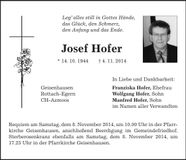 Traueranzeige Josef Hofer