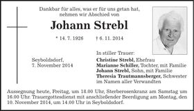 Traueranzeige Johann Strebl