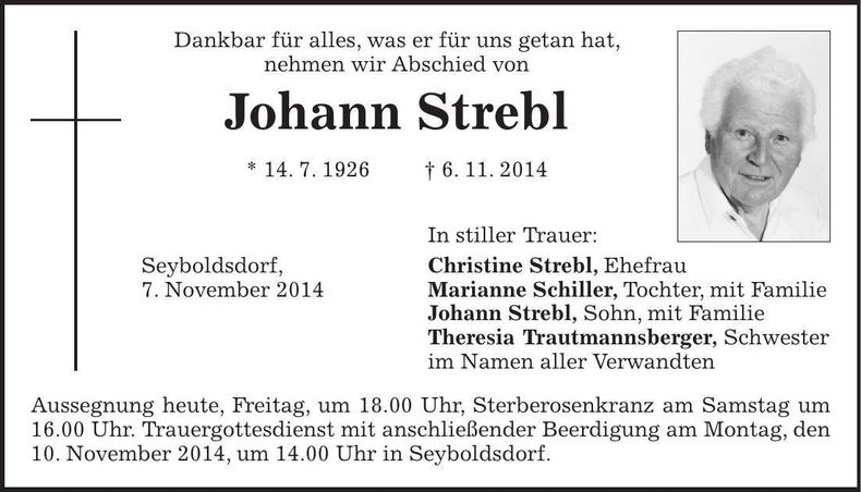 Traueranzeige Johann Strebl