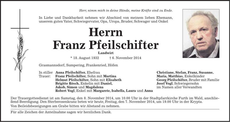 Traueranzeige Franz Pfeilschifter