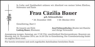 Traueranzeige Cäzilia Bauer