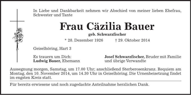 Traueranzeige Cäzilia Bauer