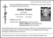 Traueranzeige Anna Sauer