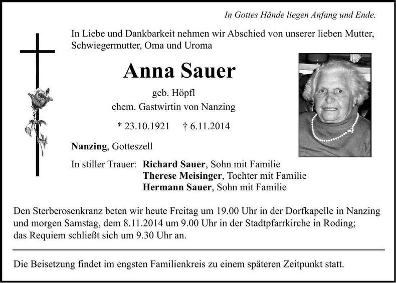 Traueranzeige Anna Sauer