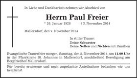 Traueranzeige Paul Freier