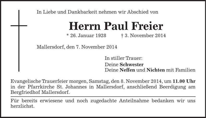 Traueranzeige Paul Freier