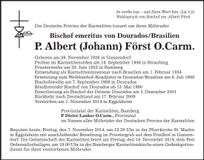Traueranzeige P.Albert (Johann) Först O.Carm. Bischof emeritus von Dourados/Brasilien